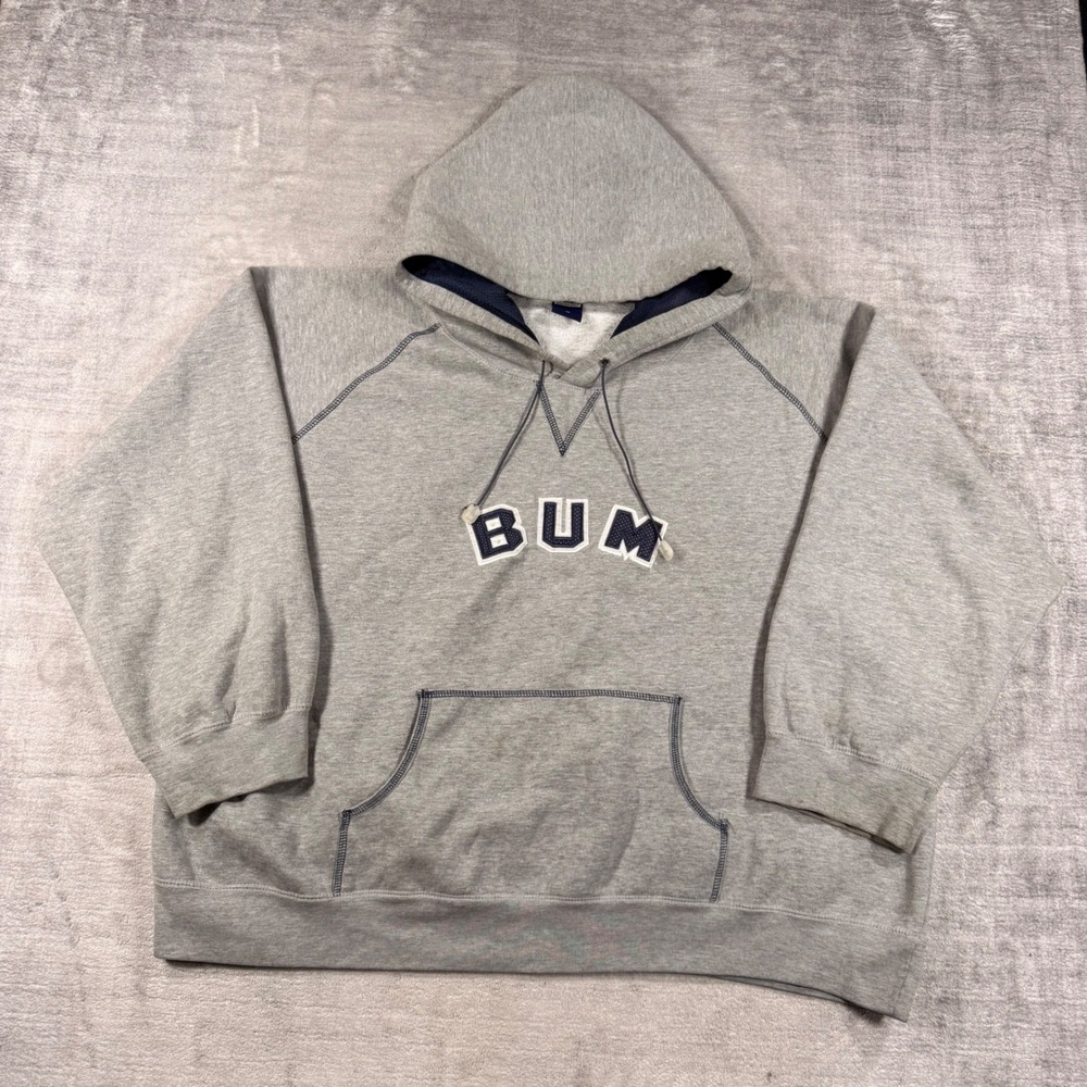 BUM Equipment Hoodie Mens 48 Gray Pullover Mesh Hood Vintage 90s Sweatshirt